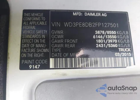 2015 Mercedes-Benz Sprinter 2500 High Roof z USA, uszkodzony, nr VIN WD3PE8DB2FP127501